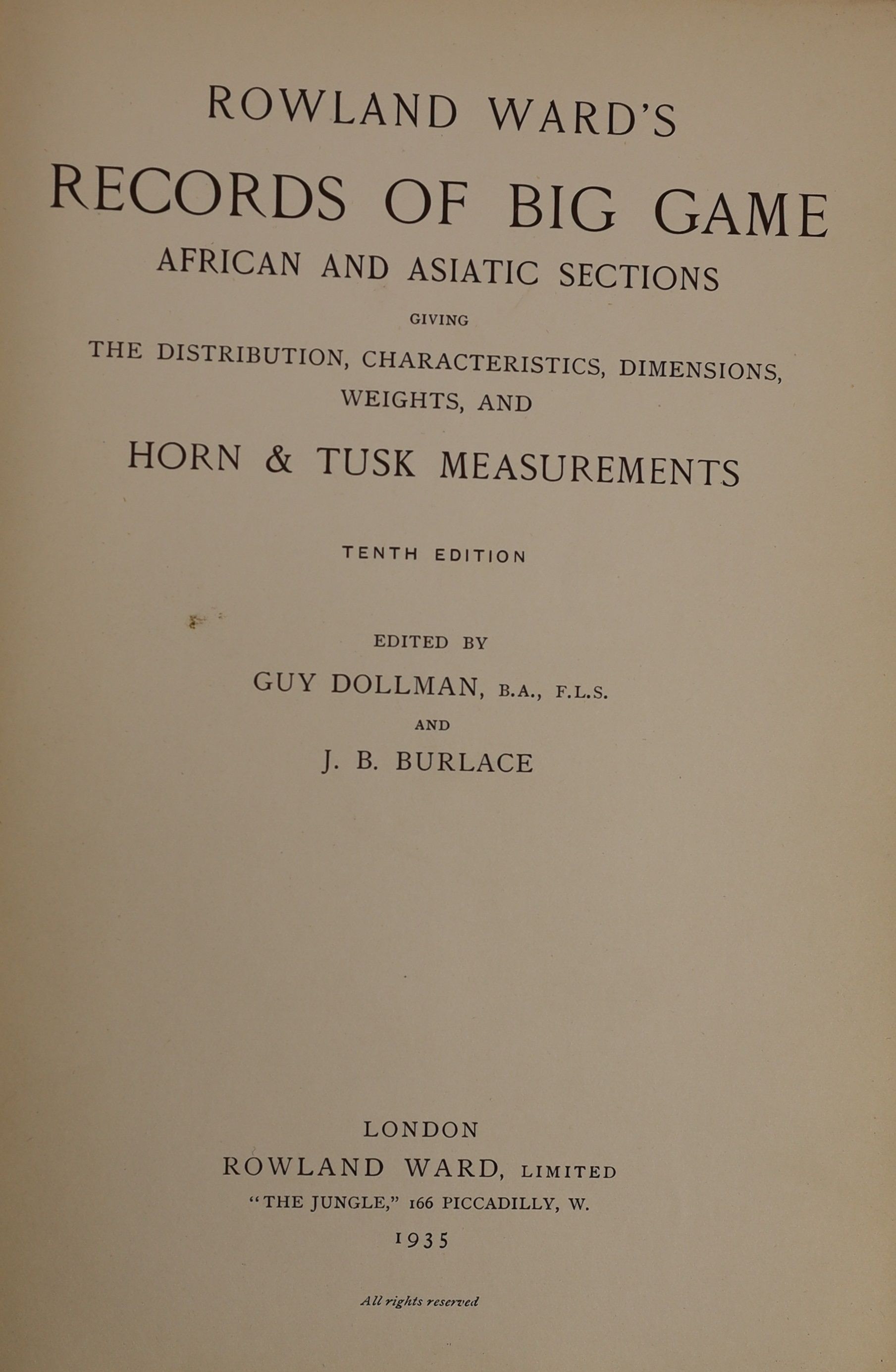 Demidoff, E. After Wild Sheep in the Altai and Mongolia. With 82 a Coloured Frontispiece and a Map. Roland Ward, London, 1900. Folding map bound at the back. Remainder(?) cloth binding, slightly warped. Together with, Wa